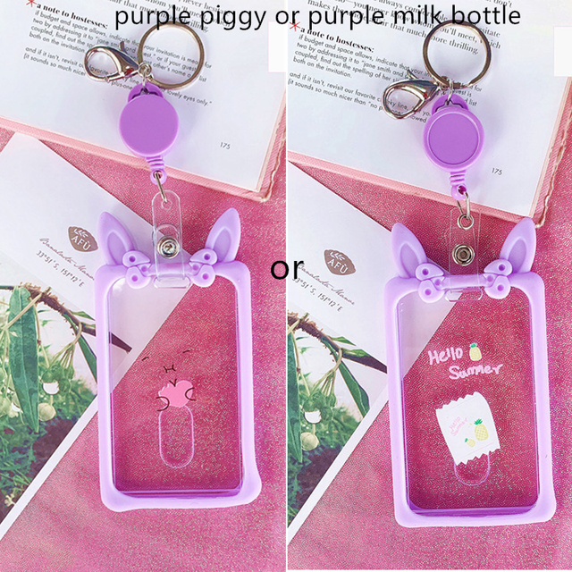 Cute Ear Card Holder Retractable Piggy Milk Bottle Student Card Holder Bus Pass Cover Keychain Card Badge Storage Bag