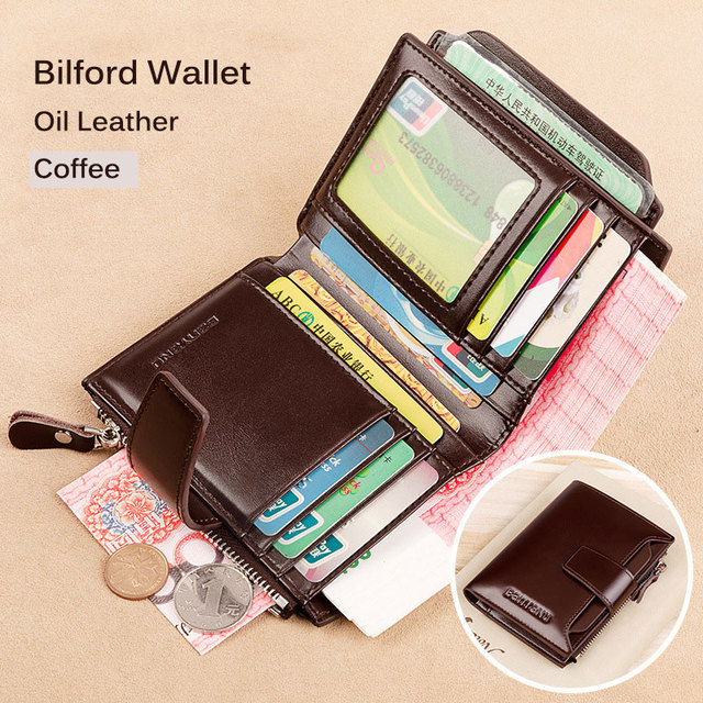 Men's Genuine Leather RFID Blocking Trifold Wallet Short Vintage Multifunctional Credit Card Holder Coin Zipper Pocket Money Bags