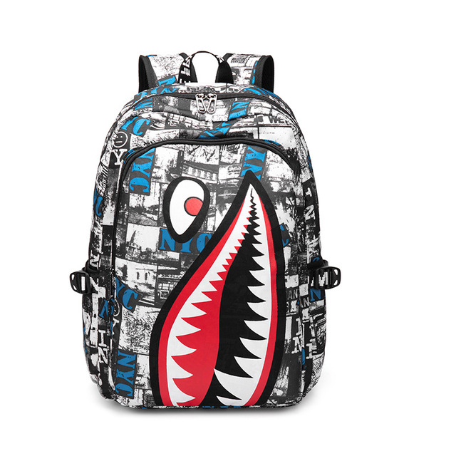 Fashion trend lightweight shark boy student backpack computer USB charging simple printing personality junior high school bag