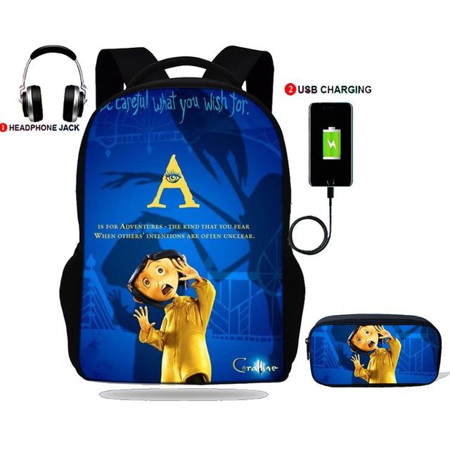 حقيبة ظهر للمراهقين ، طباعة Coraline ، حقيبة مدرسية ، شحن USB ، للمدرسة