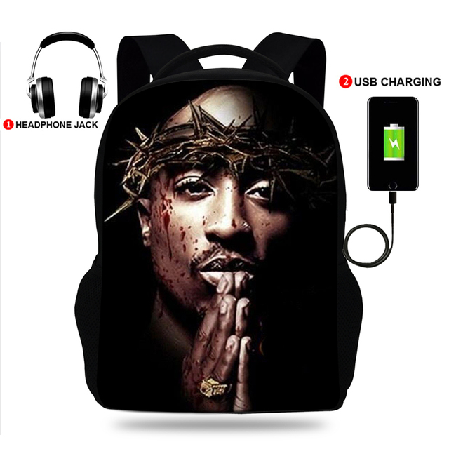 USB Port Book Bag Student School Bag For Boys Girls Travel Rapper Tupac Backpack