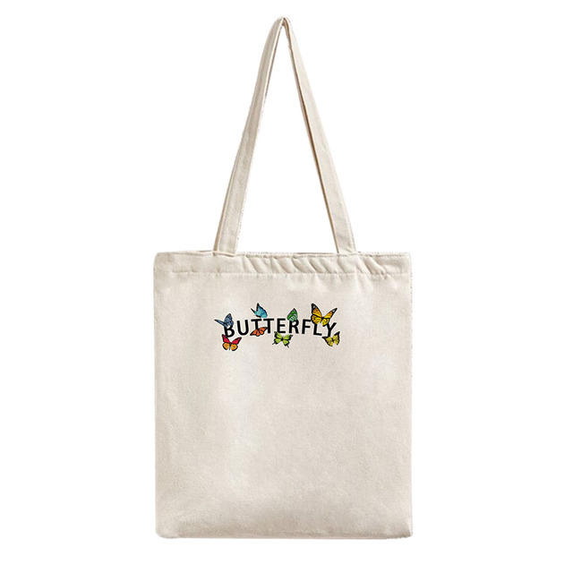 Butterfly Letters Printed Shopping Bags Women Canvas Cotton Cloth Shoulder Bags Women Eco Reusable Grocery Shopper Handbag