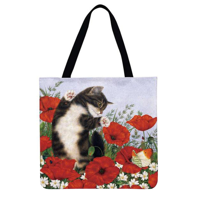 Women Bag Women Flower Bush Cat Printed Linen Casual Shopper Shoulder Bag 2021 Fashion Bag Female Large Capacity Tote Handbags