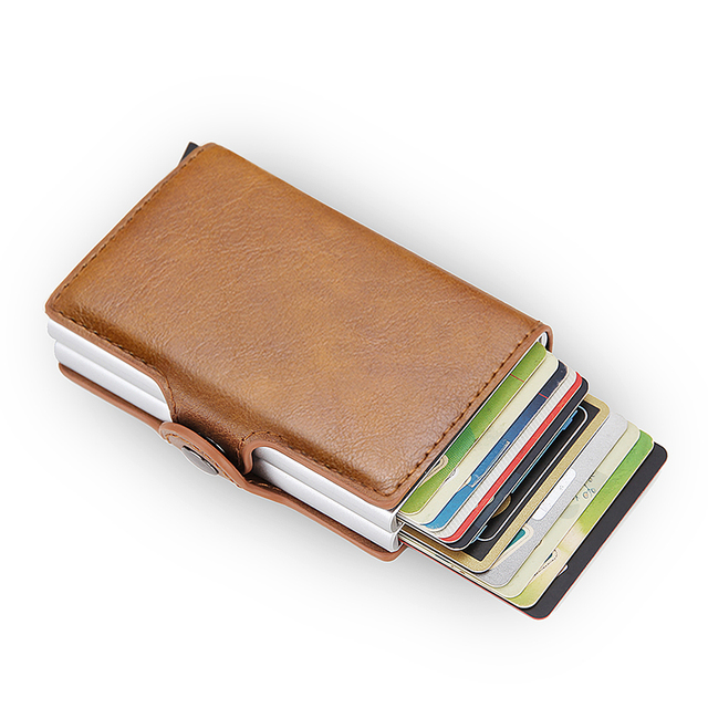 DIENQI- Genuine Leather Anti-Rfid Card Holder for Men Simple Male Wallet Aluminum Metal Card Holder