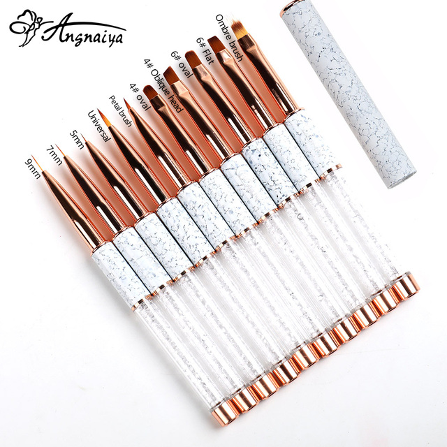 ANGNYA 9pcs/set Rose Gold Nail Art UV Gel Brush Set Pen Nail Art Builder Flat Crystal Painting Drawing Carving Pen Manicure Tool