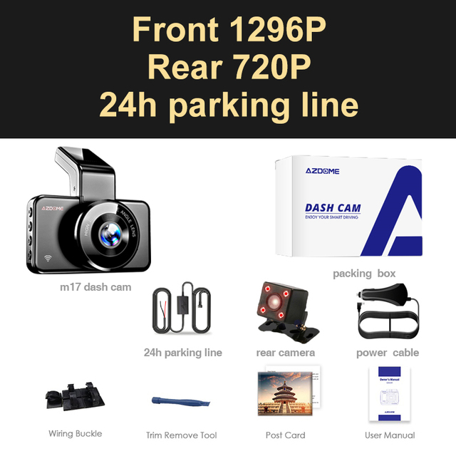 Azdomm17 Car DVR Dashcam Video Recorder 1296P HD Night Vision ADAS Dash Cam Car Wifi DVR Dual Lens 24H Parking Monitor Cam