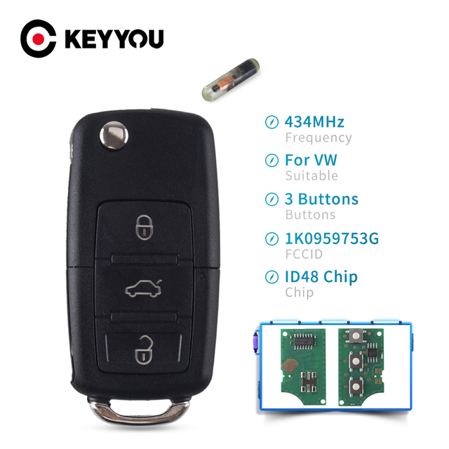 KEYYOU 433mhz Flip Remote Key Shell For VW Golf Passat Polo Jetta Touran Bora Sharan 1J0959753DA 1J0959753AH 1K0959753G ID48