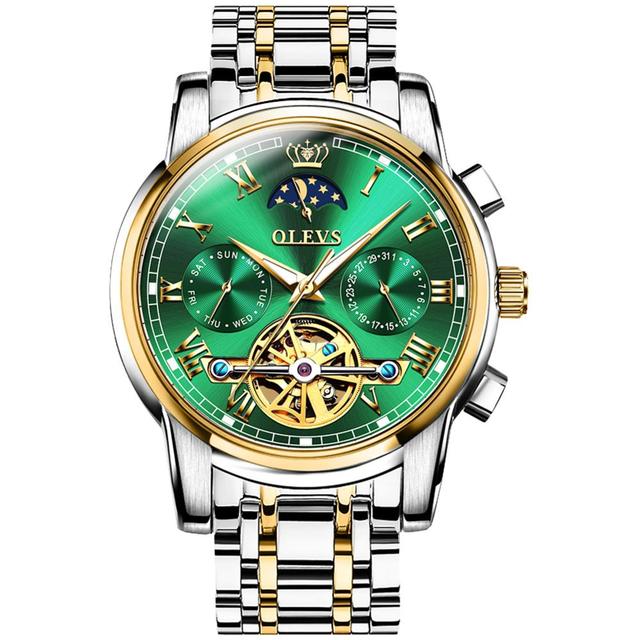 OLEVS-Men's Mechanical Watch, Classic, Water Resistant, Stainless Steel, Skeleton, Mechanical