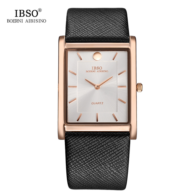 IBSO 7mm Ultra-thin Rectangle Dial Quartz Wristwatch Black Genuine Leather Strap Watch Men Business Classic Men's Quartz Watches