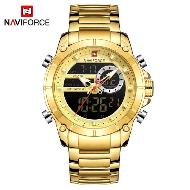 NAVIFORCE Men Military Sports Wrist Watch Gold Quartz Steel Waterproof Dual Display Male Clock Watches Relogio Masculino 9163