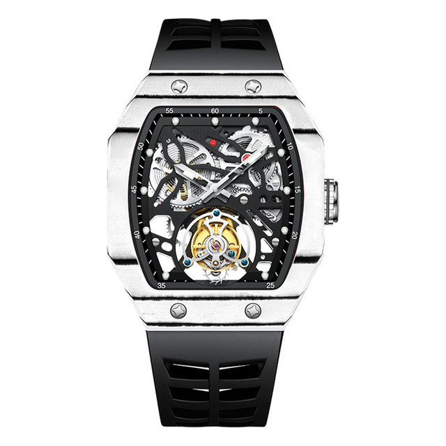 Aesop trending square flying tourbillon watch carbon fiber bezel mechanical men watches top quality red skeleton male watch