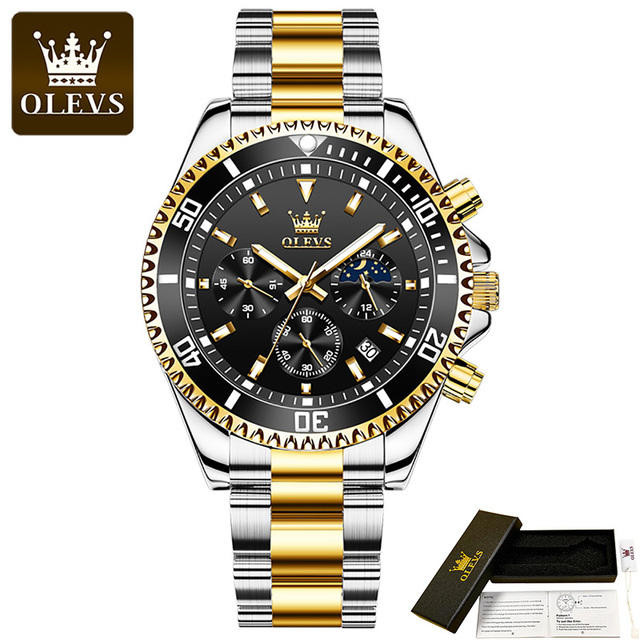 OLEVS Stainless Steel Strap Multifunction Three-eye Men's Wristwatches Quartz Waterproof Fashion Watch Men's Calendar Luminous