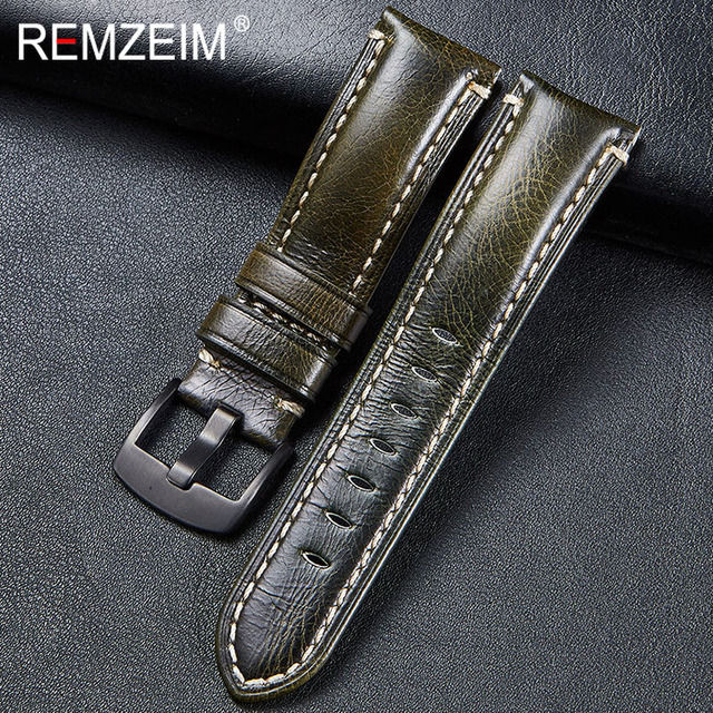 Remz Patterned - Genuine Leather Watch Strap, Brown, Green, Antique, 20, 22, 24, 26 mm, with Black and Silver Buckle