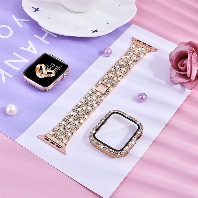 Women's Diamond Case + Strap for Apple Watch Band 7 6 41mm 45mm 40mm 44mm Metal Bracelet for iWatch Series 7 SE 3 Jewelry Cover