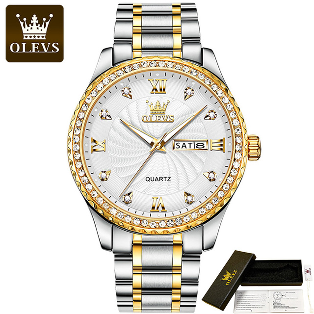 OLEVS Quartz Stainless Steel Strap Men's Wristwatches Waterproof Business Golden Diamond Inlaid Luxury Watch For Men Luminous