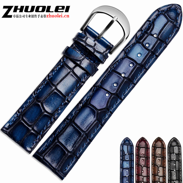 Fashion genuine leather men watchband clear personality crocodile texture strap wrist watch band 18mm 20mm 22mm blue