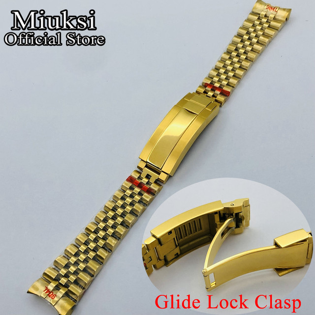 Miuksi 20mm Silver Gold Jubilee Bracelet Slide Glide Lock Clasp 904L Stainless Steel Strap Fit Watch Case Watch Band