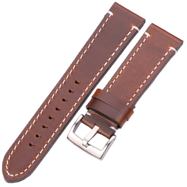 HENGRC - Genuine Cowhide Leather Watch Strap for Men and Women, Thickness 18, 20, 22, 24mm, Handmade, Retro, with Metal Buckles