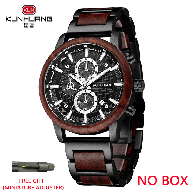 Kunhuang Luxury Wood Stainless Steel Men Watch Fashion Wooden Watches Chronograph Quartz Watches relogio masculino gift man