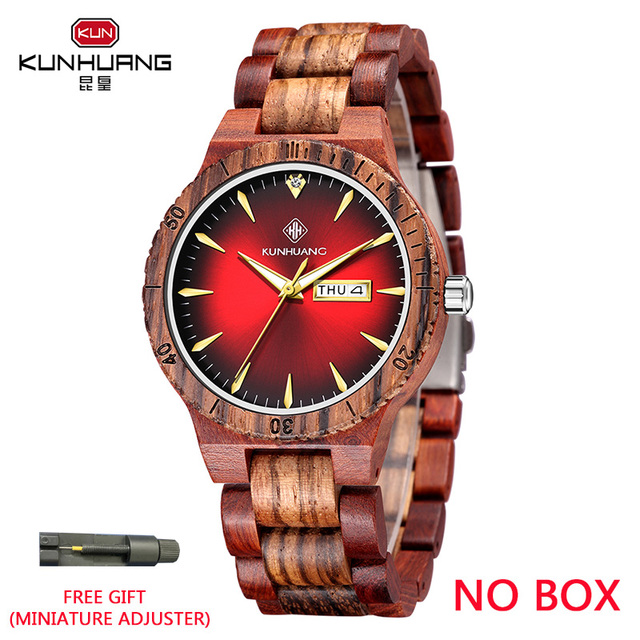 Kunhuang Men's Watch Colorful Dial Wooden Watch Week Clock Date Display Quartz Wood Wristwatch for Men Women reloj mujer