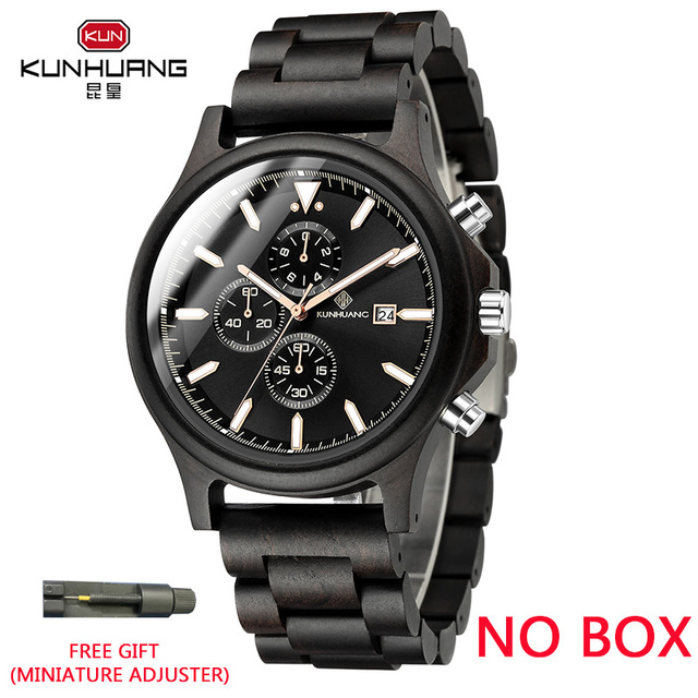 Kunhuang Handmade Wooden Watches Mens Watches Chronograph Watch Military Quartz Wristwatch Male In Wooden Gift Box Relogio