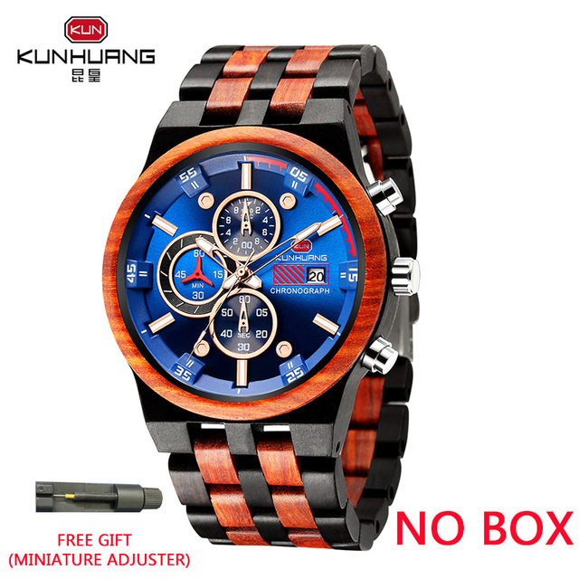 Kunhuang Wooden Mens Watch Luxury Elegant Wood Watches Chronograph Zebra Wood Quartz Watches in Wooden Gift Box reloj de hombre