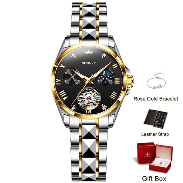 OUPINKE Luxury Watches for Women Bracelet Moon Phase Sapphire Crystal Automatic Mechanical Wristwatch Water Resistant Watch Clock