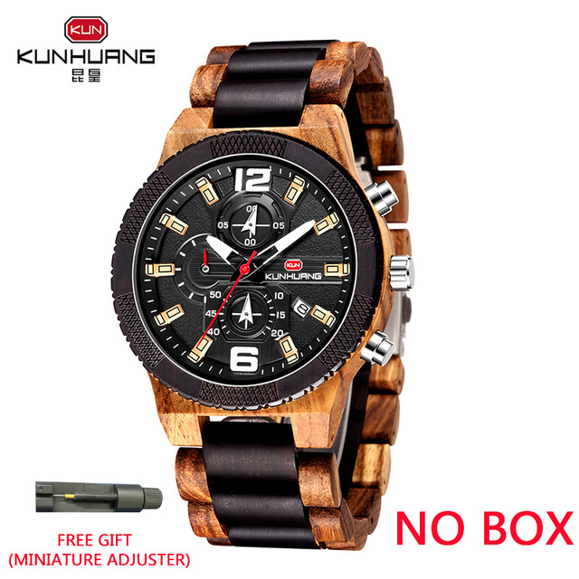 Kunhuang Luxury Wood Stainless Steel Men Watch Fashion Wooden Watches Chronograph Quartz Watches relogio masculino gift man