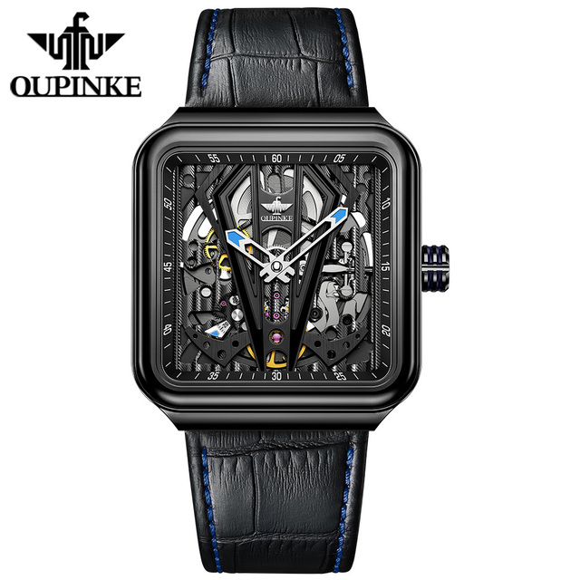 OUPINKE Automatic Watch Men Skeleton Mechanical Watch Steampunk Sapphire Crystal Square Leather Transparent Sports Wristwatches