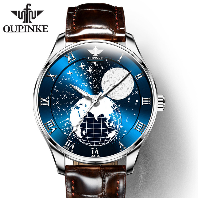 OUPINKE Men's Mechanical Watch Starry Sky Moon Phase Sapphire Crystal Glass Automatic Leather Business Wristwatch for Mature Male