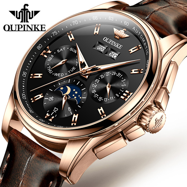 OUPINKE Luxury Watch Men Mechanical Wristwatches Leather Sapphire Waterproof Sports Business Moon Phase Automatic Watch for Men