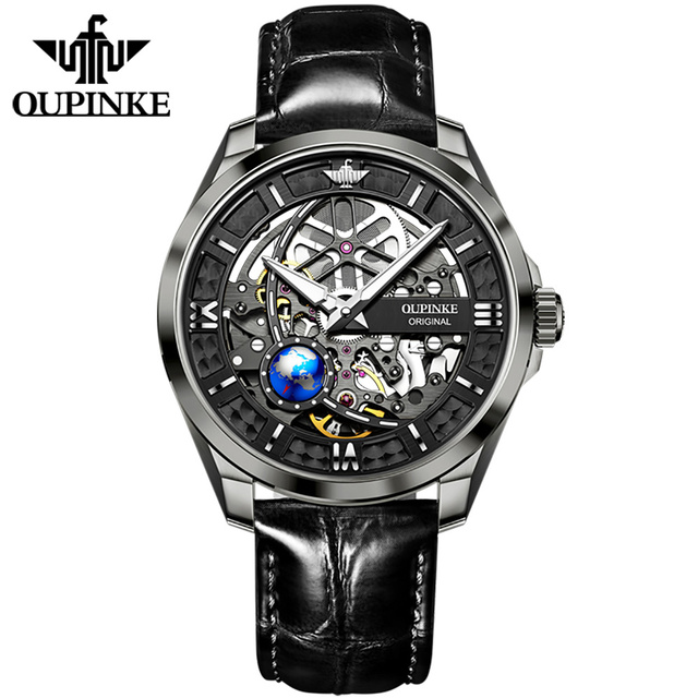 OUPINKE New Men's Automatic Mechanical Watch Skeleton Design 50M Waterproof Sapphire Mirror Leather Strap Male Watches