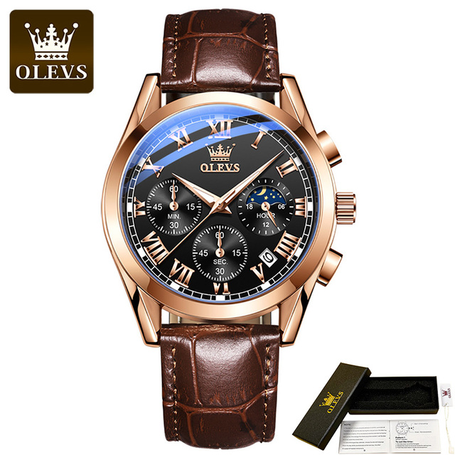 OLEVS Waterproof Corium Strap Men's Wristwatches Quartz Multifunction Three-eye Six Hand Fashion Luminous Men's Watches