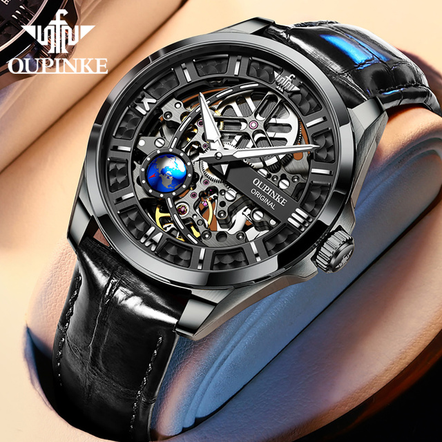 OUPINKE Watch Men Skeleton Design Automatic Watch 50M Waterproof Sapphire Leather Strap Men Mechanical Wristwatches 3268