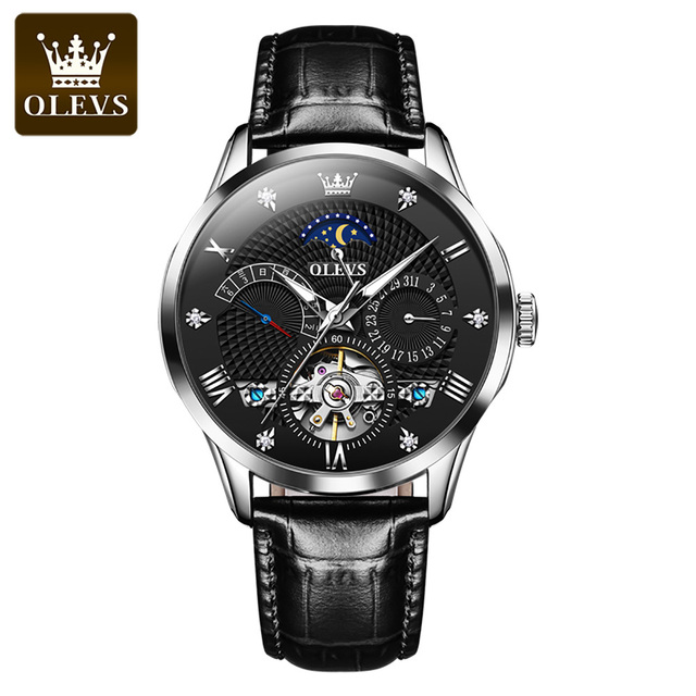 OLEVS New Luxury Men Automatic Mechanical Watch Waterproof Luminous Hollow Watches for Men Leather Strap Moon Phase Calendar