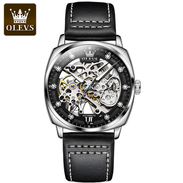 OLEVS Watch for Men Luxury Brand Diamond Automatic Mechanical Wristwatches Skeleton Design Waterproof Leather Men's Watches