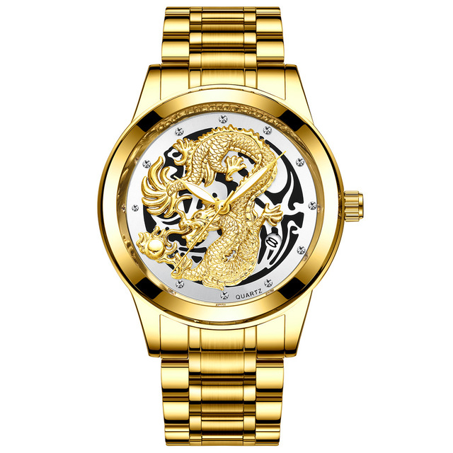 FNGEEN Mens Watches Luxury Brand Chinese Golden Dragon Quartz Watch Diamond Dial Stainless Steel Watch Male Relogio Masculin