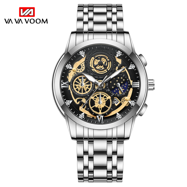 Men's Quartz Watch Automatic Calendar Movement Stainless Steel Luxury Rhinestone Waterproof Elite Men's Watch Relogio Masculino