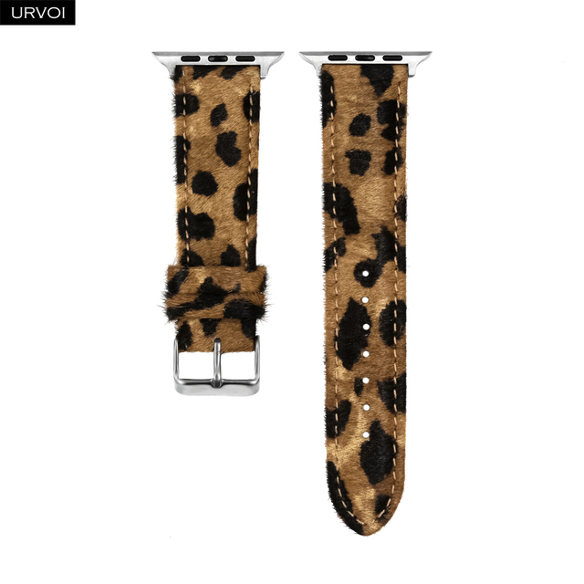 URVOI Band for Apple Watch 41 45mm Leather Strap for iwatch Series 7 6 SE 5 4 3 2 1 Horse Fur Leopard Print Pattern Comfortable