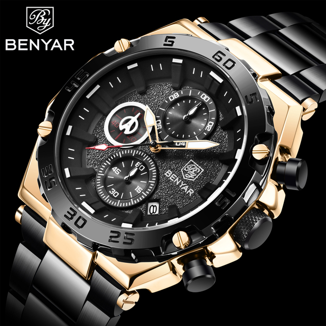 BENYAR 2022 New Luxury Men's Quartz Wrist Watches Waterproof 30M Stainless Steel Business Chronograph Watch for Men reloj hombre