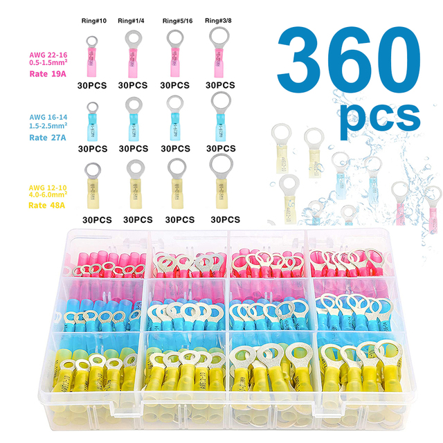 360pcs Marine Grade Heat Shrink Loop Connectors - Heat Shrink Wire Connectors Tinned Red Copper Insulated Loop Terminals Crimp Terminals