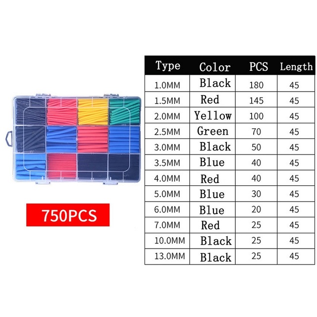 800pcs 127pcs Polyolefin Shrinkable Assorted Heat Shrink Wire Tube Insulated Cable Sleeving Tubing Set 2:1 Waterproof Pipe Sleeve