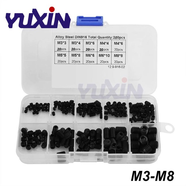 300pcs DIN916 M3 M4 M5 12.9 Grade Black Socket Screw Assortment Allen Head Socket Hex Set Grub Screw Box Kit