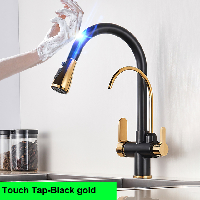 Gold Touch Filter Kitchen Mixer Tap Dual Handle Hot Cold Brass Kitchen Sink Faucets Smar Sensor Touch Pull Out Kitchen Faucets