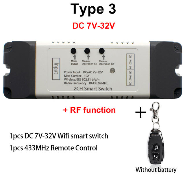 Smart WiFi Light Switch, WiFi Module, 2CH DC 5/12/32V AC 85-250V RF433 Receiver 10A Relays Work with Alexa Google Assistant, Ewelink