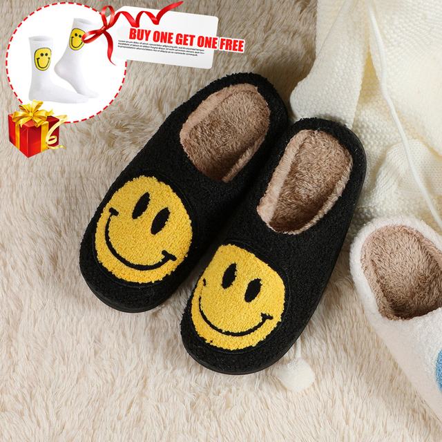 2021 new smiley face slippers women indoor slippers happy face slippers smiley face soft plush comfortable warm fluffy slippers for men