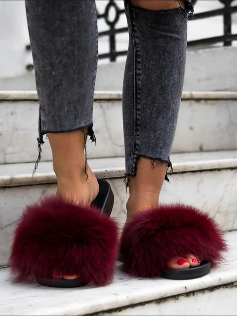 Women Fox Shoes Fur Slippers Real Fox Fur Slides Home Furry Flat Sandals Female Cute Wholesale House Shoes Woman Luxury Brand Ho