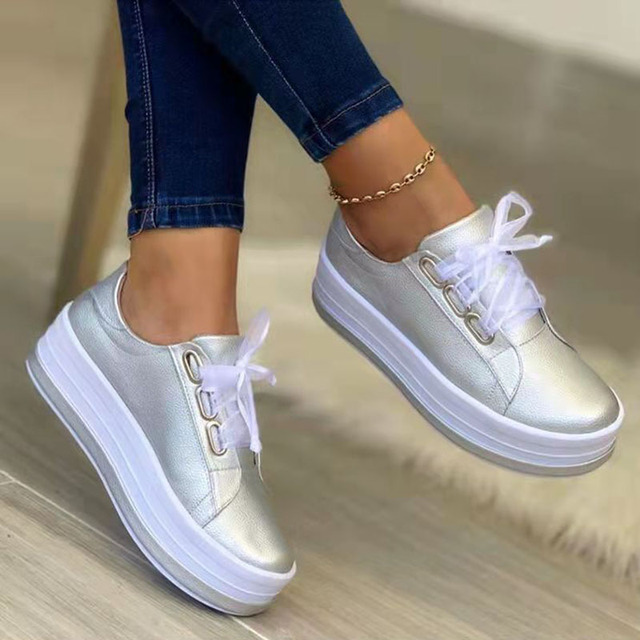 Rimocy Shiny PU Leather Thick Bottom Sneakers Woman Plus Size 43 Lace Up Platform Shoes Women Gold Silver Flats Zapatos De Mujer