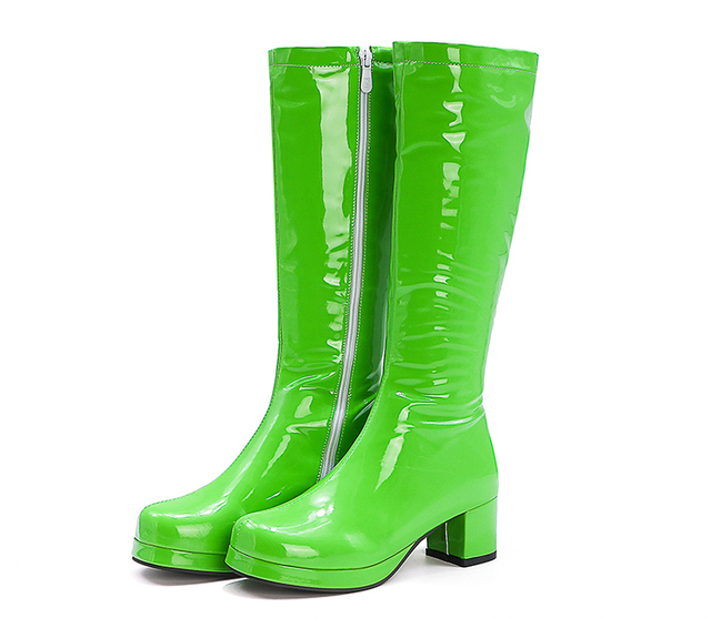 REAVE CAT Autumn Sweet Knee-Length Boots Round Heel Square Toe Zipper Plus Size 33-46 Yellow Green Purple Orange