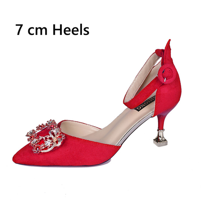 Lucifer 2022 Spring Women Fashion Crystal Thin Heels Wedding Shoes Sexy Pointed Toe Pumps Red Ankle Strap Party Ladies Sandals